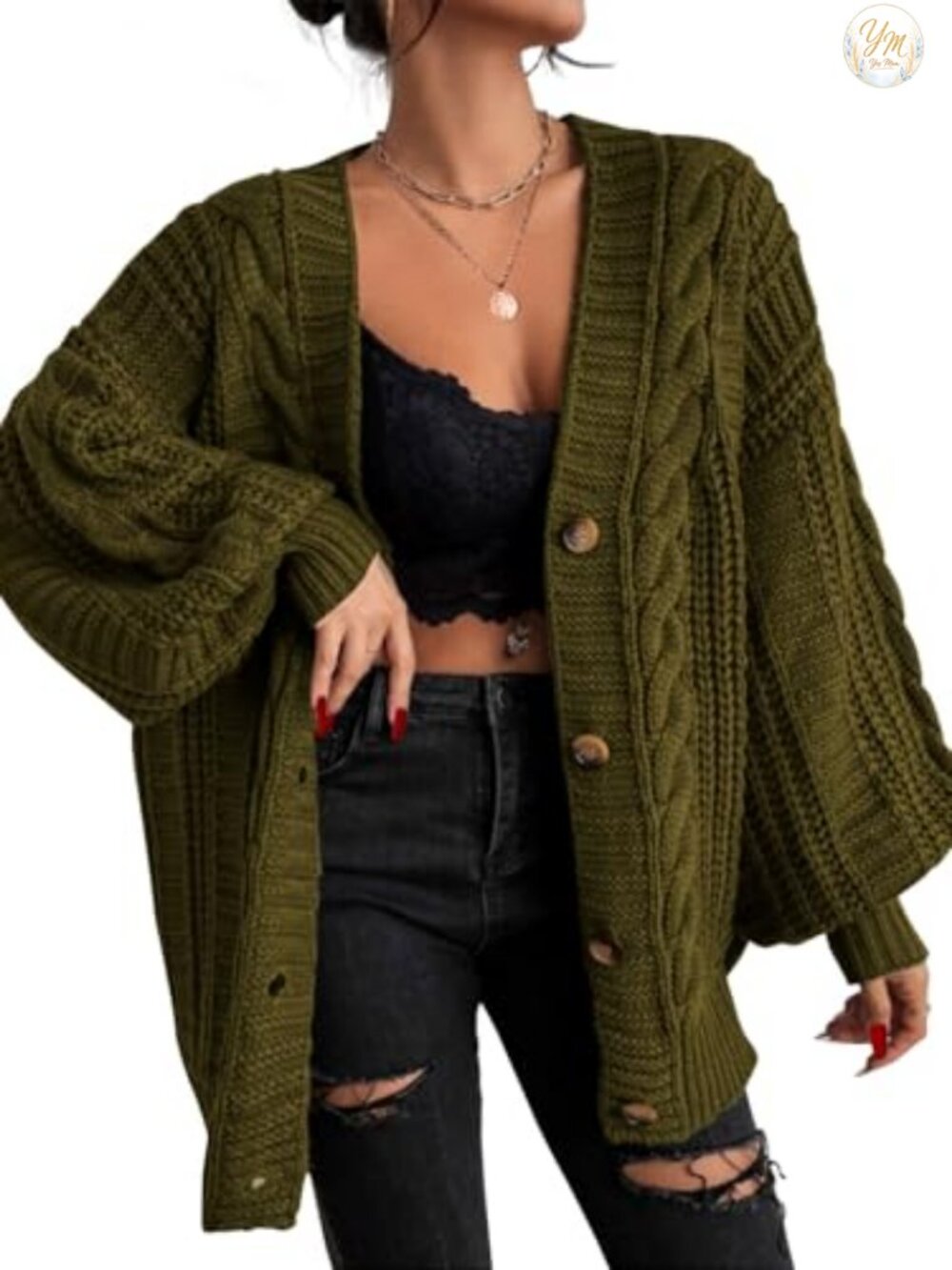 EXLURA Women's Oversized Cable Knit Cardigan Button V-Neck Long Sleeve Sweater